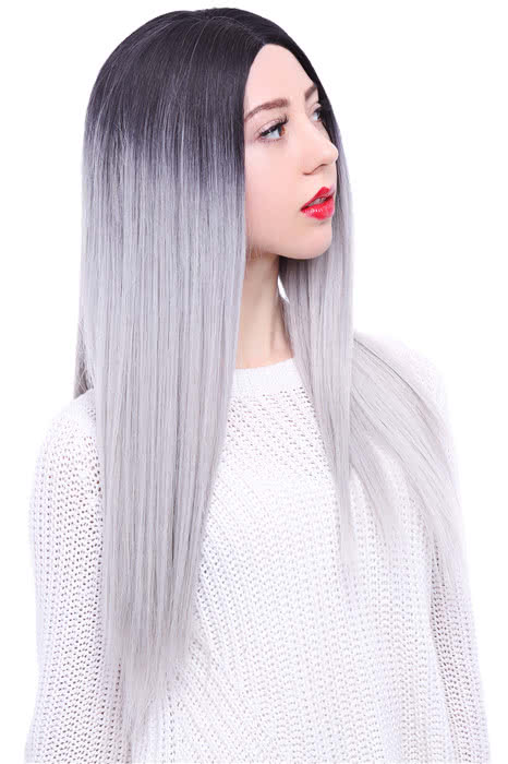 65cm Black Mixed White Long Straight Invisible Lace Wig - Heat Resistant Fiber Fashion Wig