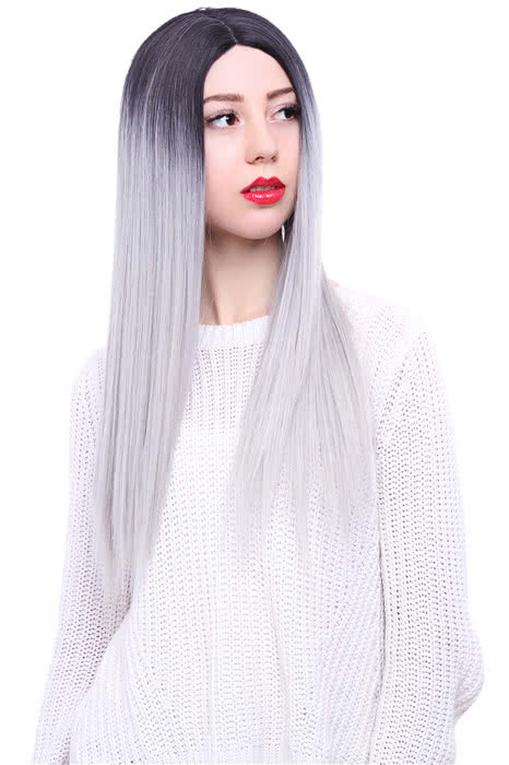 65cm Black Mixed White Long Straight Invisible Lace Wig - Heat Resistant Fiber Fashion Wig