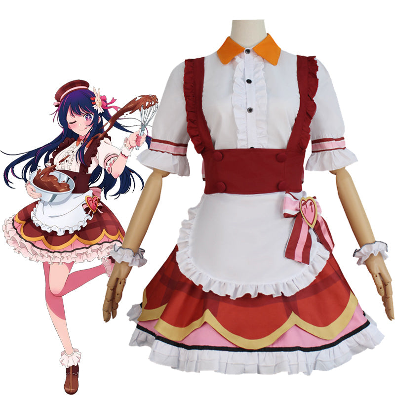 Ai Hoshino Maid Outfit Cosplay Costume with Skirt Top Waist Ornament Leg Warmer Bracelet Bow Hat - Oshi No Ko