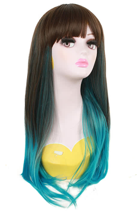 60cm Mixed Color Blue and Brown Straight Cosplay Wig - Synthetic High Temp Fiber for Women