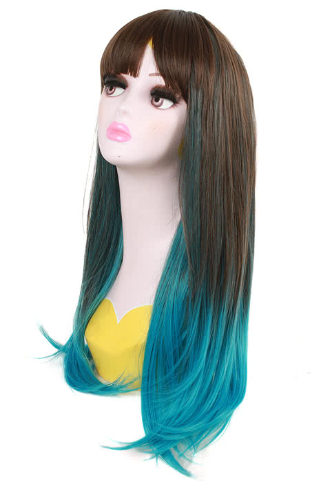 60cm Mixed Color Blue and Brown Straight Cosplay Wig - Synthetic High Temp Fiber for Women