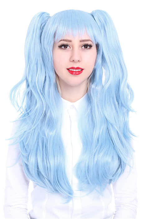 70cm Long Sky Blue Straight Clip-On Ponytail Wig - Heat Resistant Fiber with 60cm Ponytail
