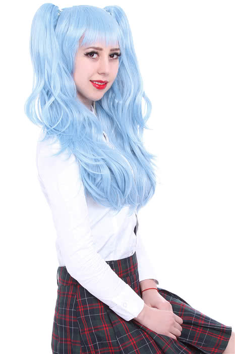 70cm Long Sky Blue Straight Clip-On Ponytail Wig - Heat Resistant Fiber with 60cm Ponytail