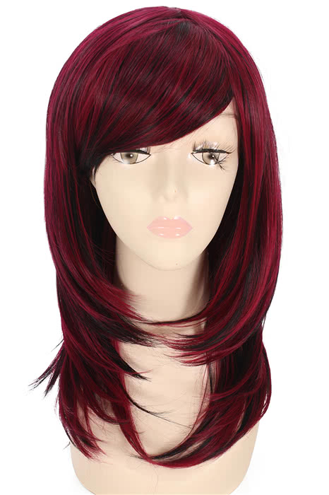 50cm Straight Mixed Wine Red and Black Cosplay Wig - Heat Resistant Fiber Capless